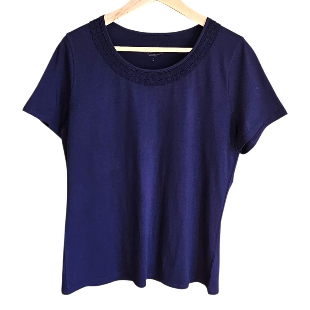 Coldwater Creek Women’s Navy Supima Cotton Lace Trim Scoop Neck Top Large 14